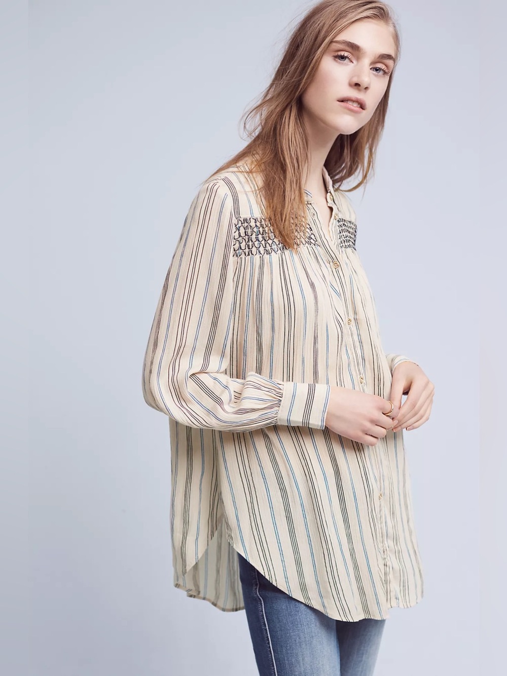 Anthropologie Floreat Northfork Striped Embroidered Button Down Tunic Size XS
